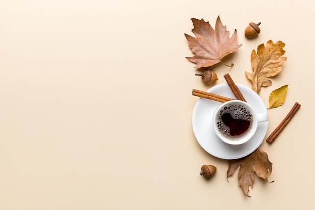 Flat lay composition with colorful Autumn cup of coffee and leaves on a color background top view