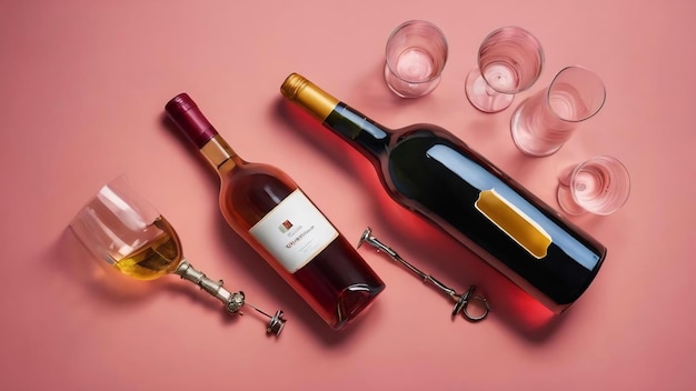 Flat lay composition with corkscrew bottle of wine and elegant glass on colored table flat lay top v