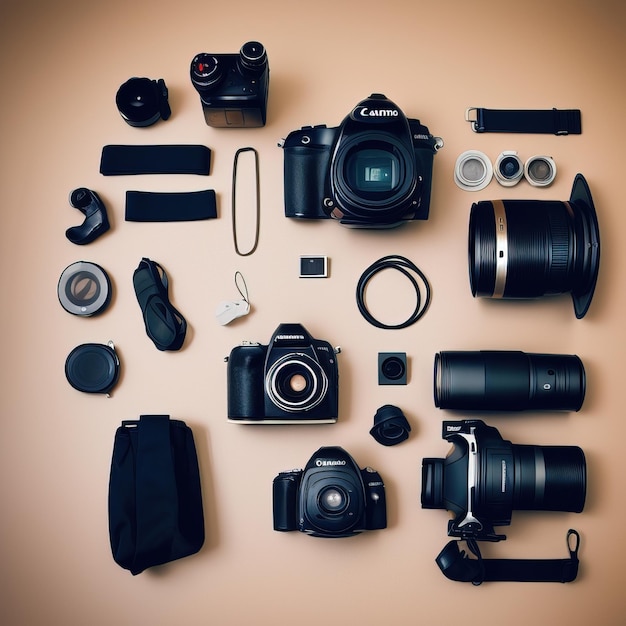 flat lay composition with different cameras on table