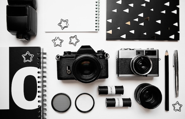 Flat lay composition with equipment for professional photographer 