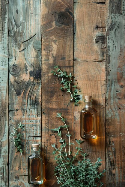 Photo flat lay composition with essential oil in glass bottle