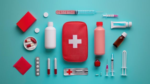 Flat lay composition with first aid kit on color background Flat lay composition with first aid kit on color background