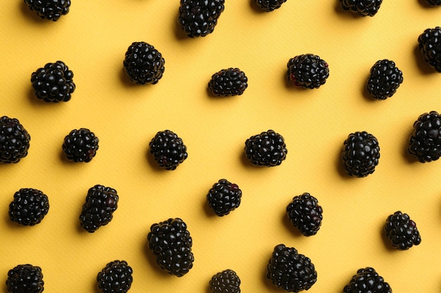 Flat lay composition with fresh blackberries on yellow background