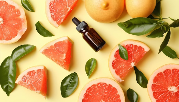 Flat lay composition with grapefruit slices and essential oil on