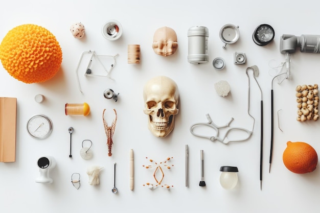 Flat lay composition with human skull tools and accessories on white background Many different medical objects on a light background top view AI Generated