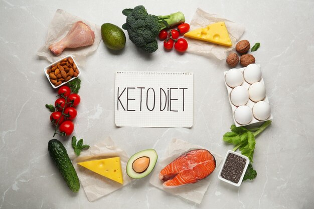 Photo flat lay composition with keto diet products on light grey marble table