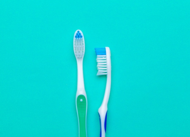 Flat lay composition with manual toothbrushes, close up