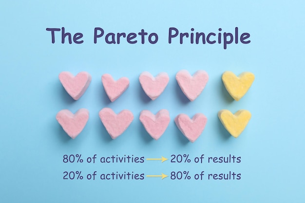 Flat lay composition with marshmallow hearts on light blue background Pareto principle concept