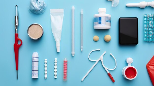 Flat lay composition with medical objects on color