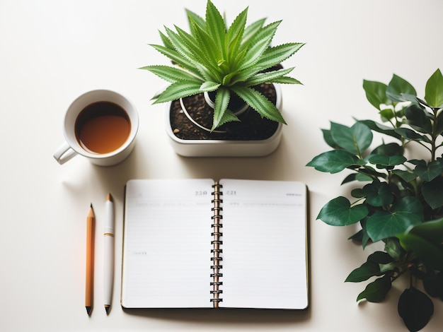 Flat Lay Composition with Notebooks and Plant