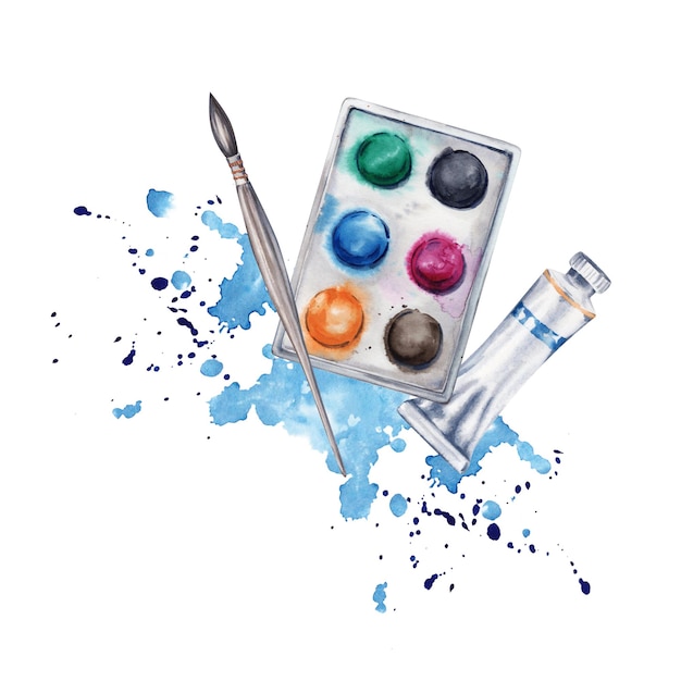 Flat lay composition with paint set brushes paint tube watercolor splatter Watercolor illustration