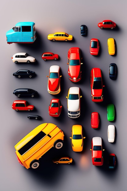 Flat lay composition with plastic road and colorful toy model cars on gray background Top view