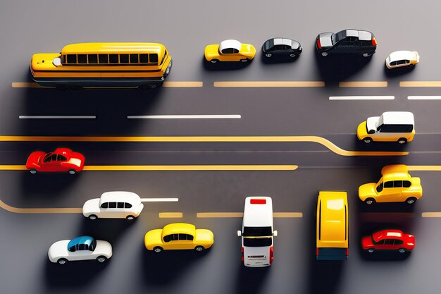 Flat lay composition with plastic road and toy model cars on gray background Top view