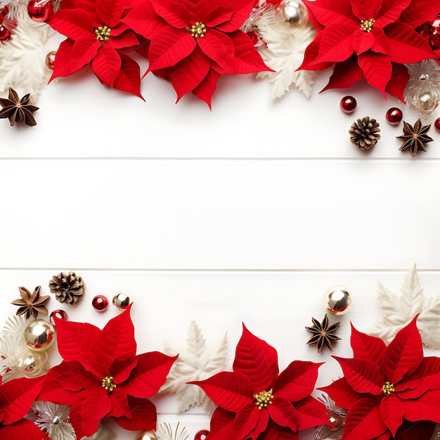 Foto composizione piatta con fiori di natale e decorazione natalizia su un tavolo bianco di legno