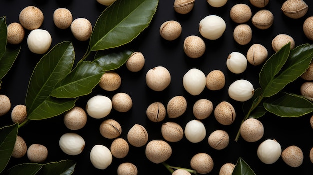 Flat lay composition with shelled organic Macadamia nuts