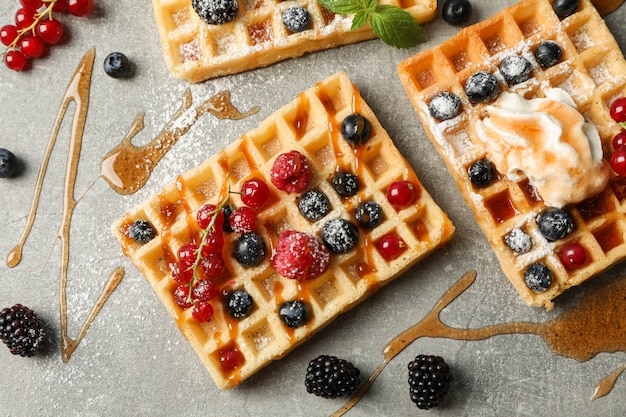 Flat lay composition with sweet belgian waffles