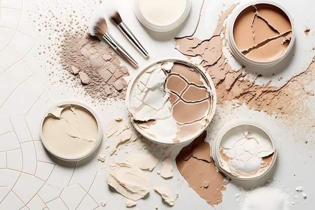 Flat lay composition with various makeup face powders on white background Neural network AI generated