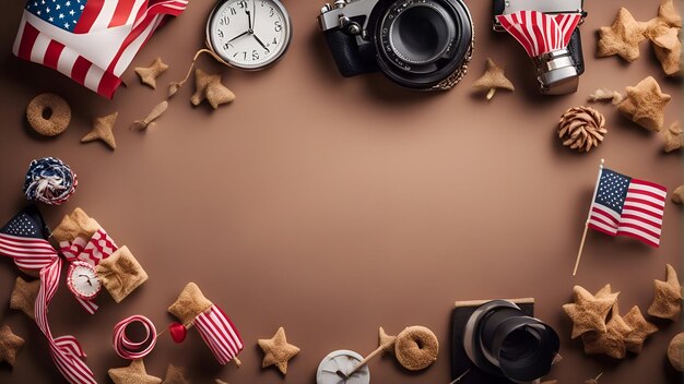 Photo flat lay composition with vintage camera american flag and christmas decorations on brown background