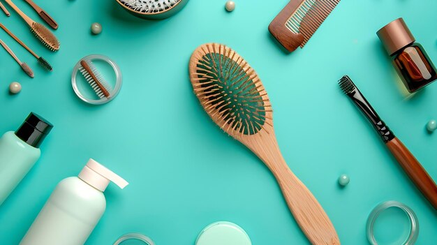 Flat lay composition with wooden hairbrush comb and cosmetic products on turquoise b Generative AI