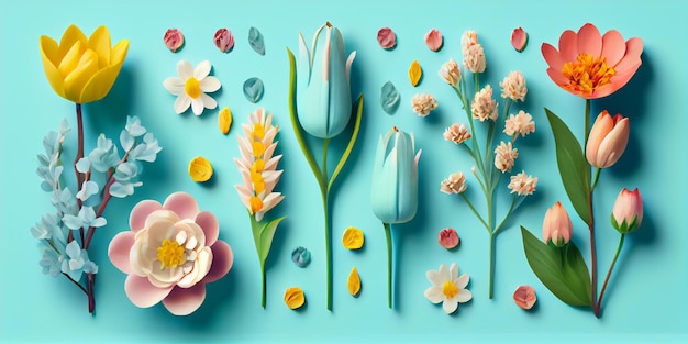 Flat lay concept of fresh field Spring flowers on Blue background isolated Beautiful flowers decorative element set collection for wedding invitation or mother39s day Generative AI