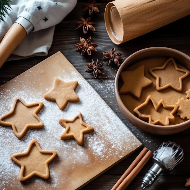 Photo flat lay of cooking homemade christmas baking ingredients or gingerbread cookies placed on table