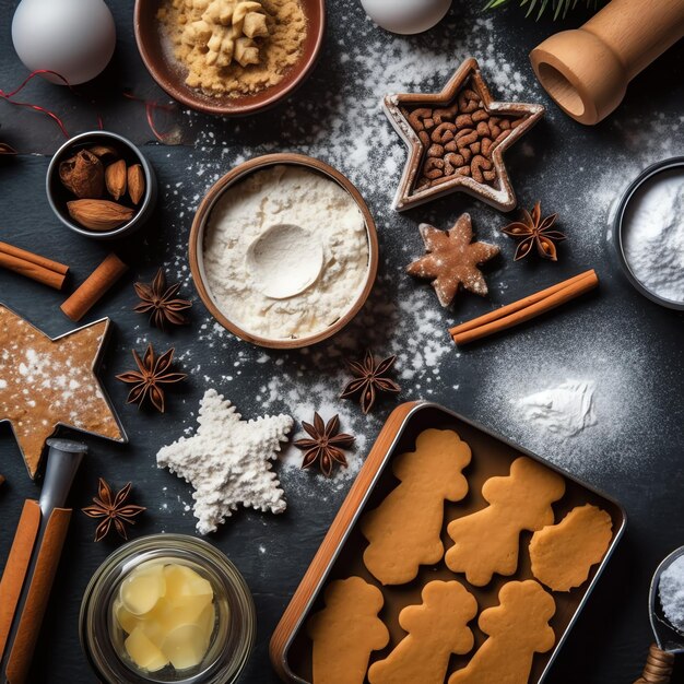 Photo flat lay of cooking homemade christmas baking ingredients or gingerbread cookies placed on table