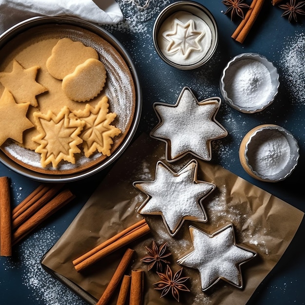 Photo flat lay of cooking homemade christmas baking ingredients or gingerbread cookies placed on table