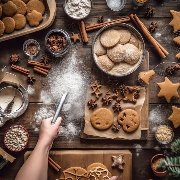 Foto strato piatto di cottura di ingredienti per la cottura di natale fatti in casa o biscotti di pan di zenzero messi in tavola