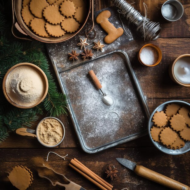 Foto strato piatto di cottura di ingredienti per la cottura di natale fatti in casa o biscotti di pan di zenzero messi in tavola