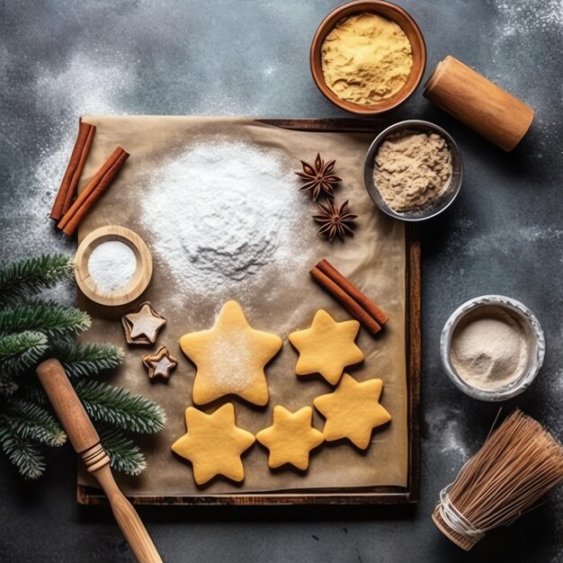 Flat lay of cooking homemade christmas baking ingredients or gingerbread cookies placed on table