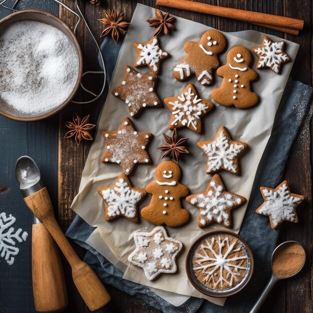 Photo flat lay of cooking homemade christmas baking ingredients or gingerbread cookies placed on table