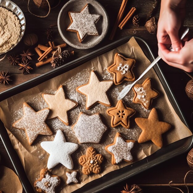 Photo flat lay of cooking homemade christmas baking ingredients or gingerbread cookies placed on table