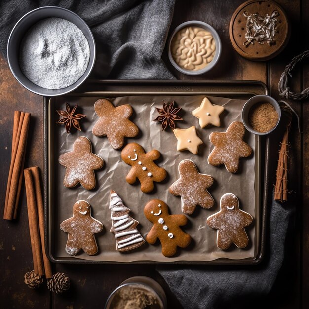 Foto strato piatto di cottura di ingredienti per la cottura di natale fatti in casa o biscotti di pan di zenzero messi in tavola