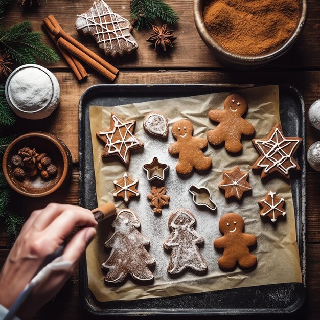 Foto strato piatto di cottura di ingredienti per la cottura di natale fatti in casa o biscotti di pan di zenzero messi in tavola