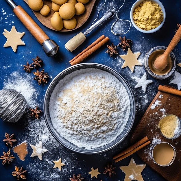 Flat lay of cooking homemade christmas baking ingredients or gingerbread cookies placed on table