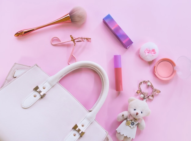 Photo flat lay of cosmetic accessories for women.