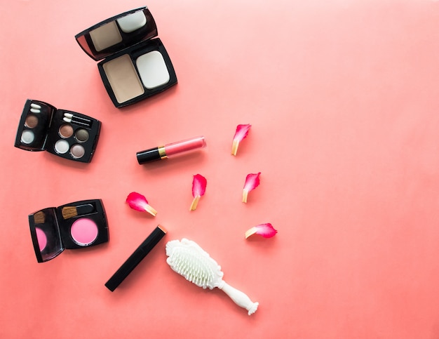 Flat lay of: cosmetic accessories of women.