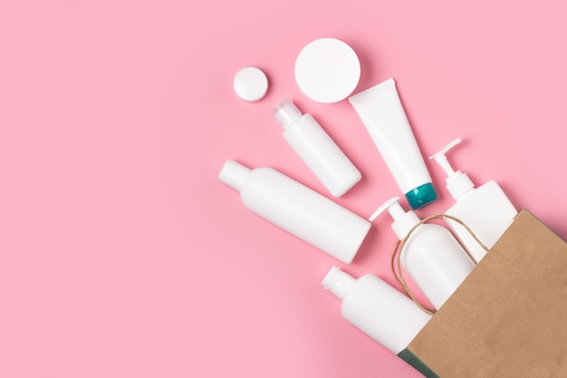 Photo flat lay of cosmetic jars out of a shopping bag