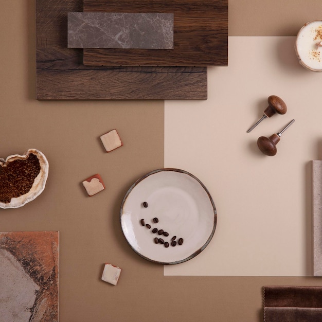 Flat lay of creative architect moodboard composition with samples of textile paint panels and tiles Natural materials Beige and brown color palette Top view Copy space Template