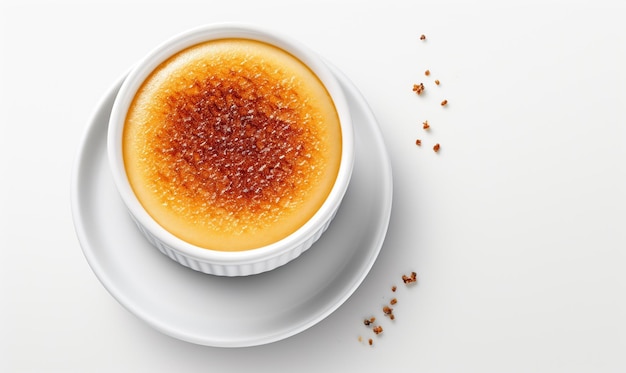 Flat lay of Creme Brulee in the white plate french dessert Isolate on white background copy space