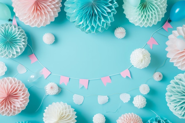 Flat lay decoration party concept pastel blue border top view