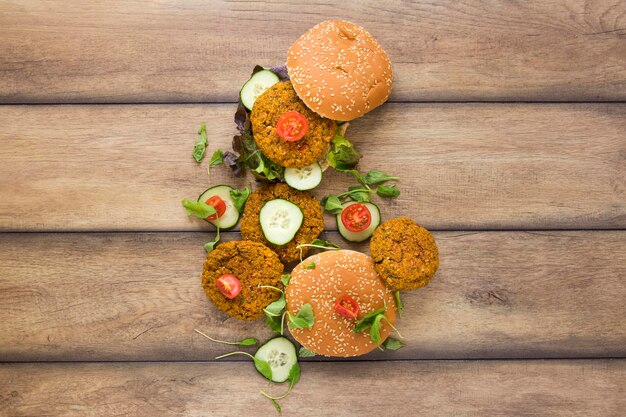 flat lay delicious vegan burgers