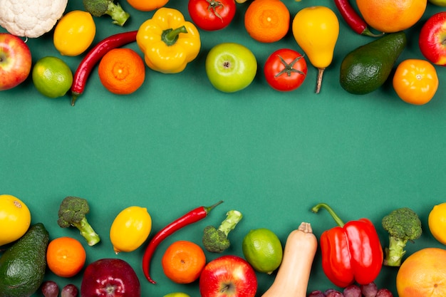 Flat lay delicious vegetables and fruits