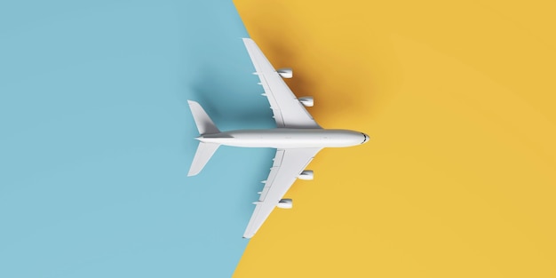 Flat lay design of travel concept with plane on yellow and blue runway