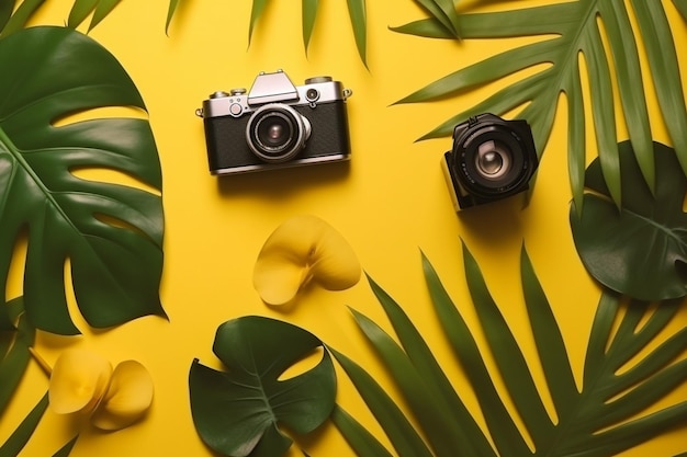 Flat lay design of yellow background with laptop photo camera green palm tropical leaf and flowers top view summer b