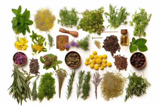 Photo flat lay of different herbs with labels on white background created with generative ai