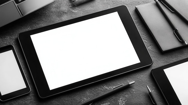 flat lay of digital devices and office supplies on a stone surface