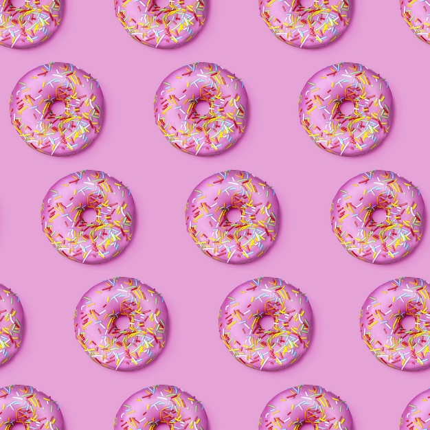 Flat lay donuts seamless pattern Fashion minimalistic style Top view Glazed iced sprinkles