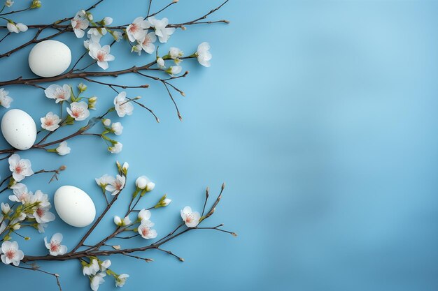 Flat lay easter composition with a willow branch and eggs on a blue background