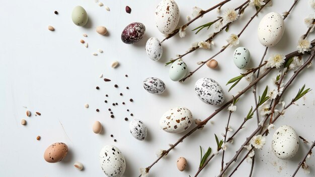 Flat lay easter composition with a willow branch and eggs on a white background
